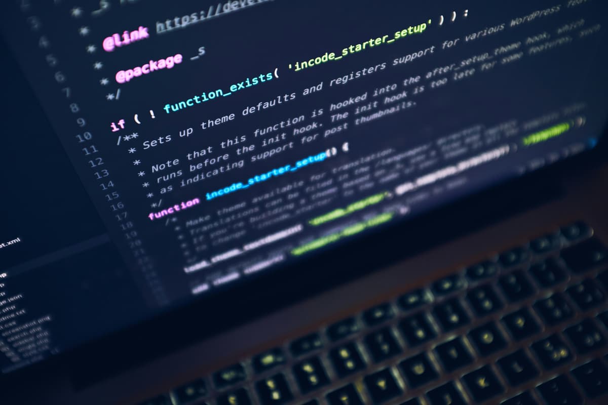 Developer coding on a laptop with code on the screen